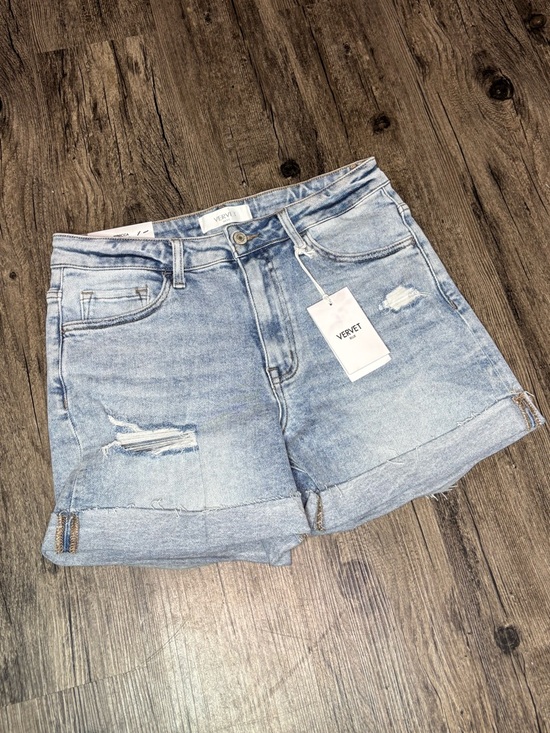 Vervet Pants - VERVET Blue Rebecca Light Blue Distressed Rolled Hem High Rise Denim Shorts